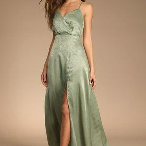 Lulu's Constantine Dusty Sage Satin Maxi Dress - Dusty Sage / Olive (S)